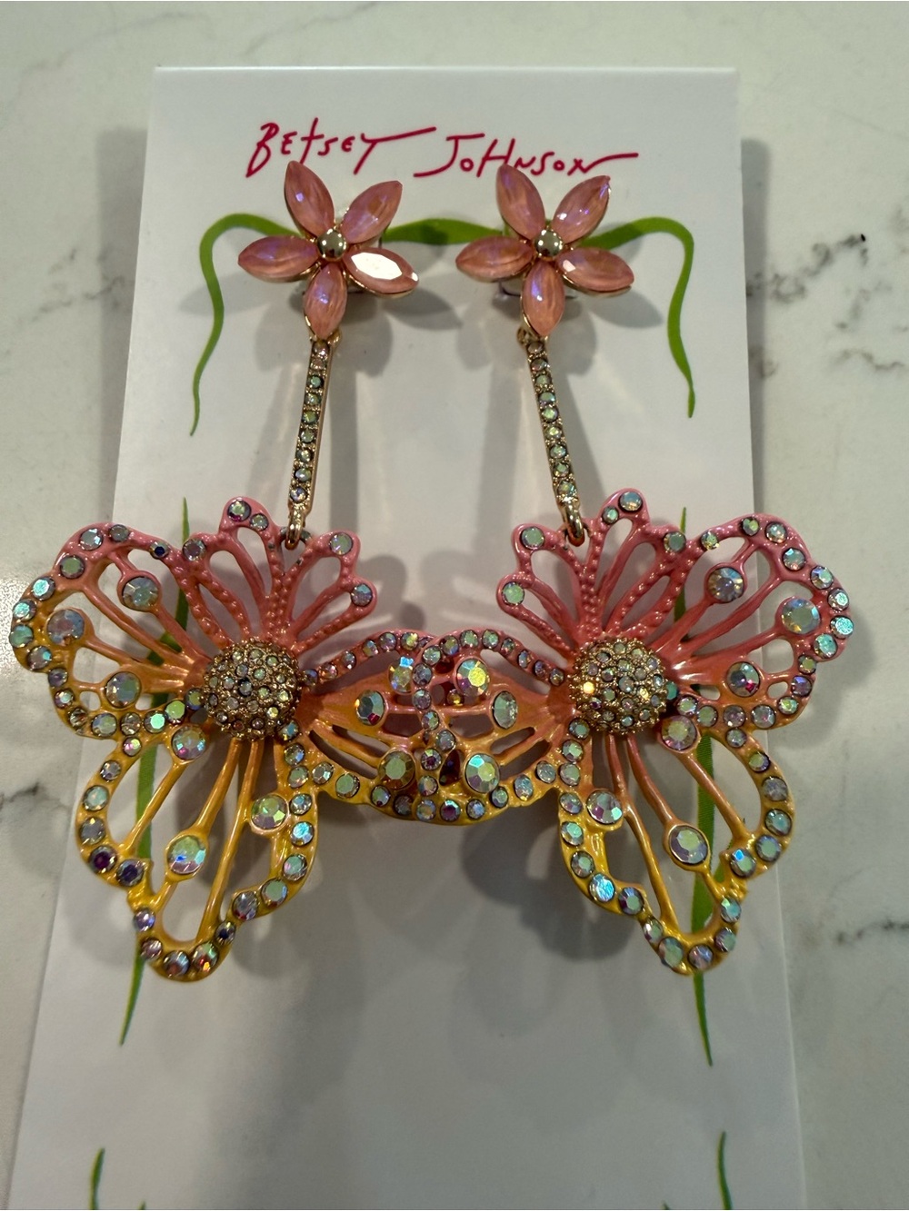 Betsey Johnson Pink and Gold Crystal Butterfly Dangle Earrings